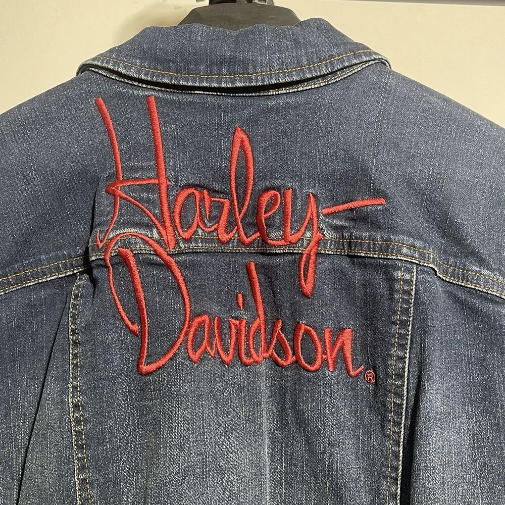 Harley Davidson Blue Jean Denim Jacket Embroidered Flowers Bird Womens Large NWT - Picture 13 of 15